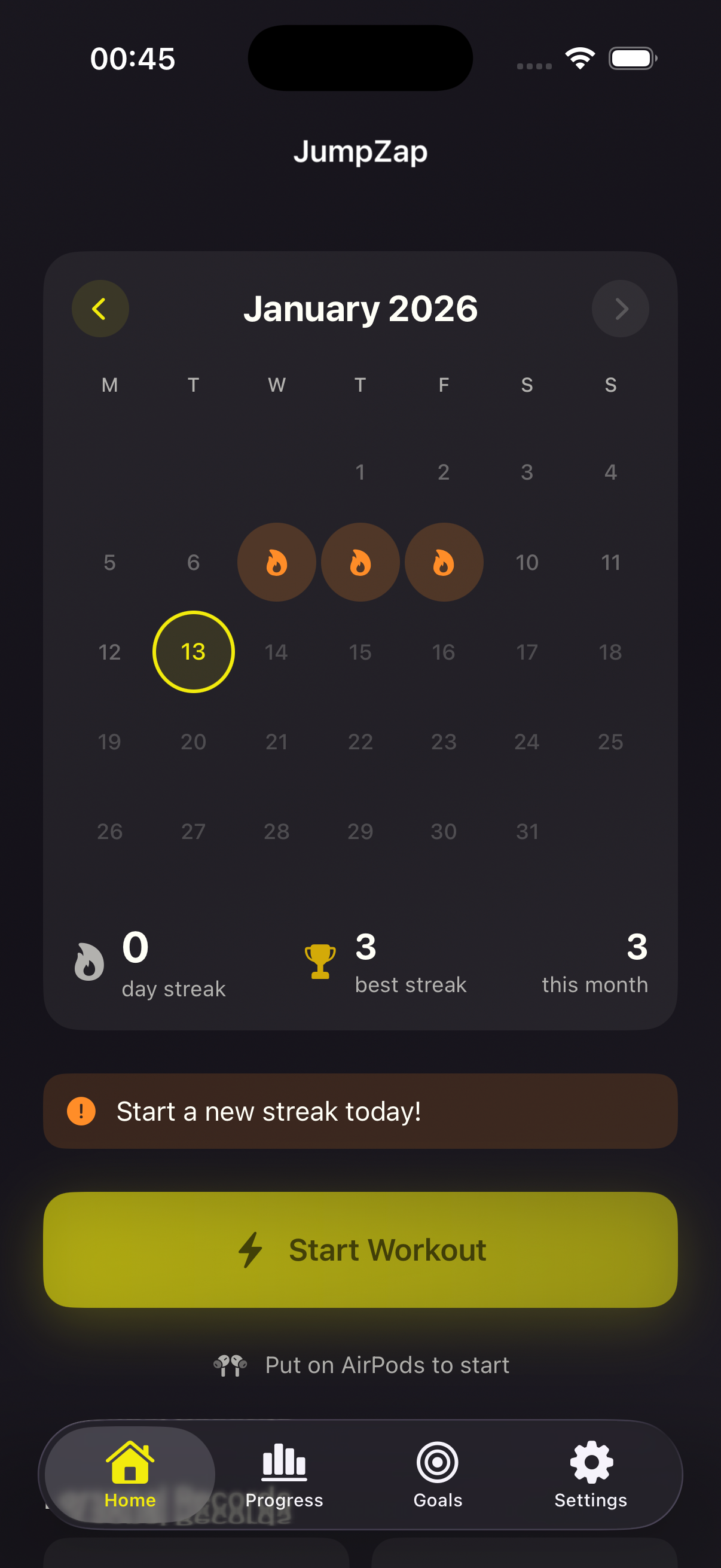 JumpZap Home Screen with Calendar and Streak Tracking